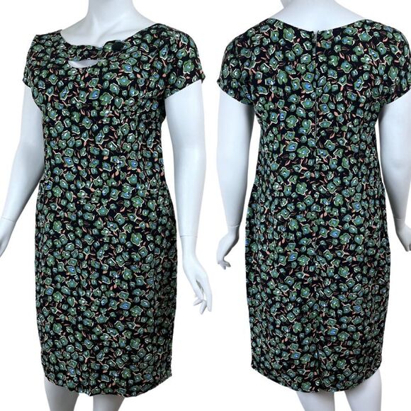 Tatyana Sierra Women Size 1X Green Linen Abstrect Floral Sheath Midi Dress Retro - Picture 1 of 16